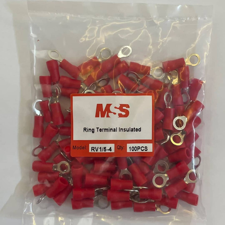 بسته ۱۰۰ عددی سرسیم گرد روکشدار قرمز مدل RV1.5-4 برند MSS برای اتصال سیم به پیچهای برق
