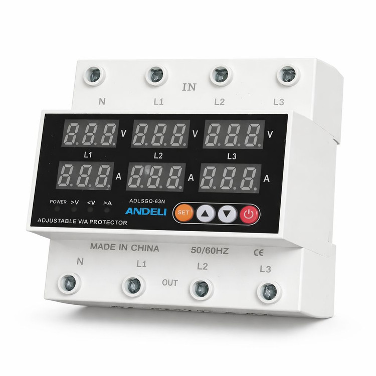 محافظ برق سه فاز دارای دو نمایشگر ولتاژ و جریان برق ۶۳ امپر