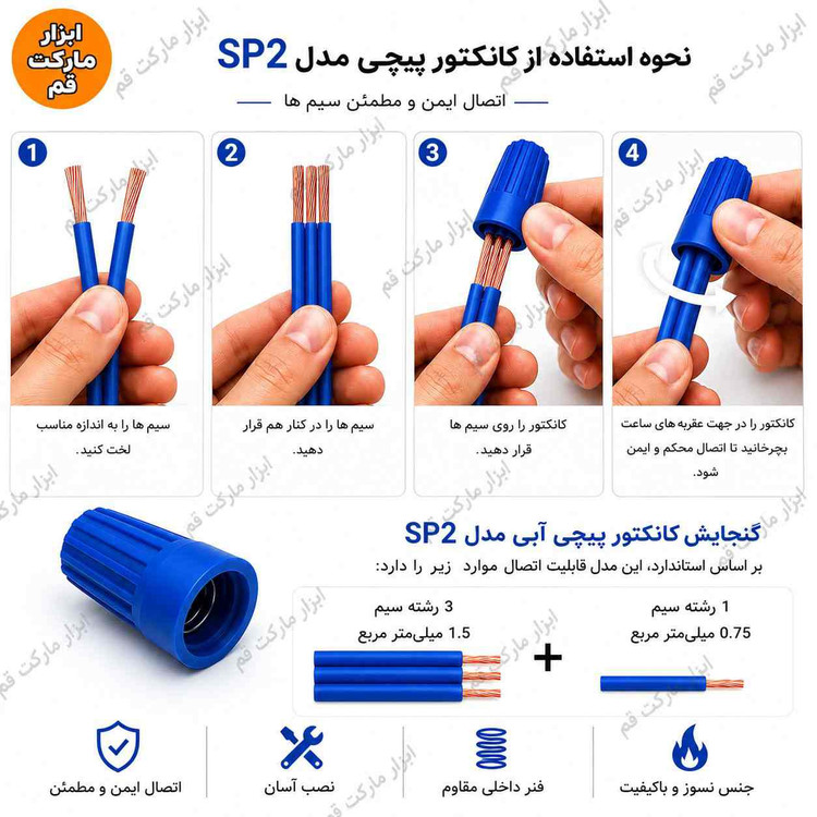 آموزش نحوه استفاده از کانکتور پیچی آبی مدل SP2 برای اتصال ۳ رشته سیم ۱.۵ میلیمتر مربع به همراه جدول گنجایش و راهنمای اتصال سیم برق»