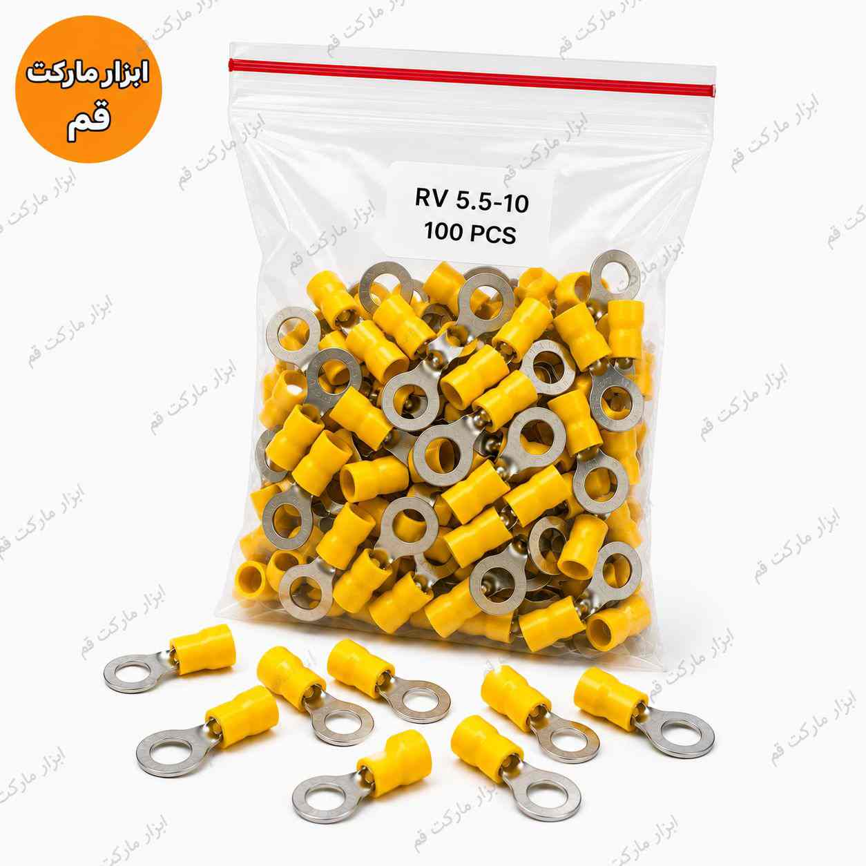 سرسیم گرد روکش دار برنجی RV5.5-10 (۶-۱۰) زرد بسته 100 عددی، مناسب اتصال سیم 4 و 6 میلی‌متر به پیچ 10