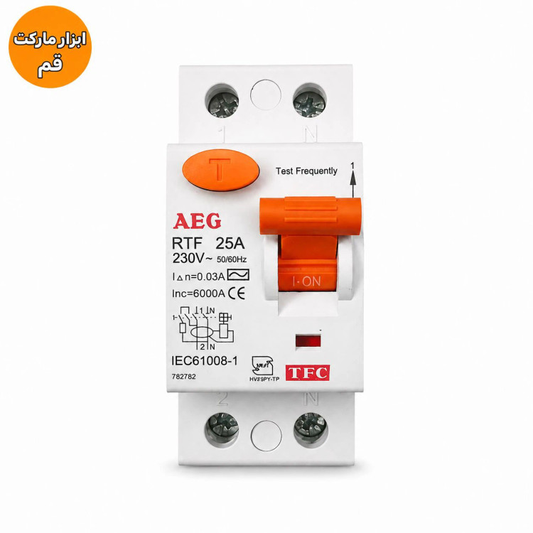 کلید محافظ جان RCCB تکفاز ۲۵ آمپر AEG مدل RTF با حساسیت ۳۰ میلیآمپر