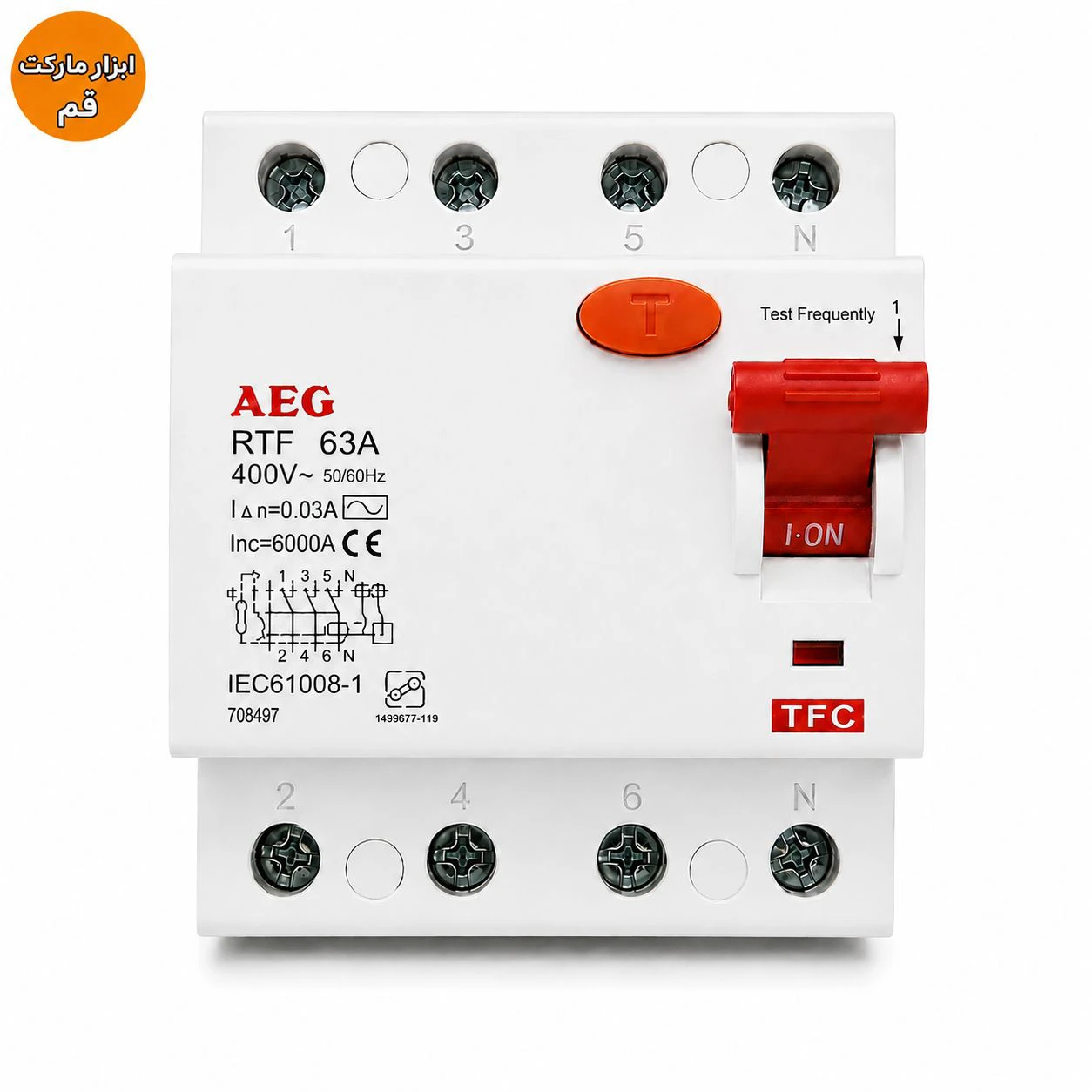 کلید محافظ جان RCCB سه فاز ۶۳ آمپر AEG مدل RTF با حساسیت ۳۰ میلی‌آمپر عنوان انگلیسی: AEG RTF 63A 3-Ph
